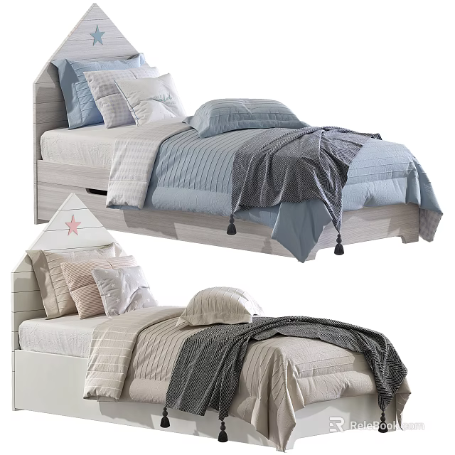 Cozy Kids Bed With Star Headboard Soft Pillows Quilt And Bed Sheets 3d model 