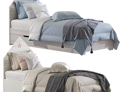 Cozy Kids Bed With Star Headboard Soft Pillows Quilt And Bed Sheets 3d model