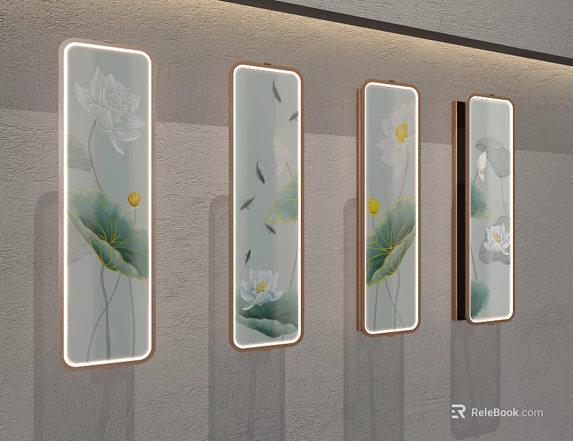 Decorative Chinese Style Wall Lamps With Lotus Fish Patterns And Gold Frame 3d model 