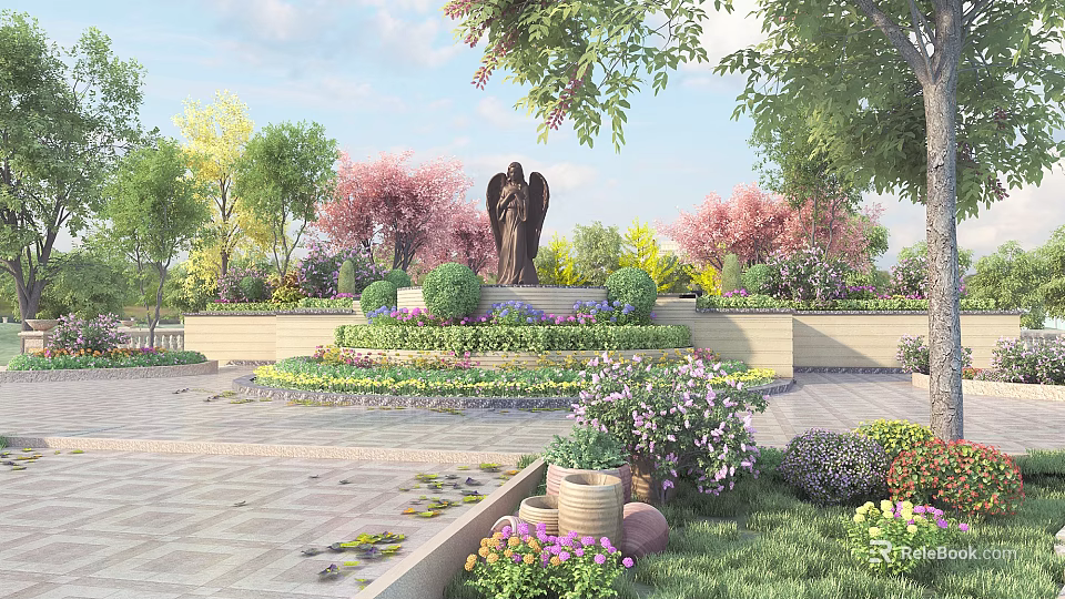 Park Landscape With Central Statue Colorful Flower Beds Lush Trees And Stone Pathway 3d model 