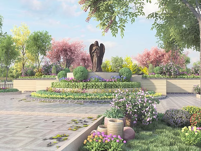 Park Landscape With Central Statue Colorful Flower Beds Lush Trees And Stone Pathway 3d model