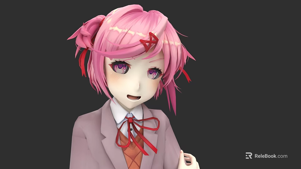 Anime Style 3D Character With Pink Pigtails Red Bow Gray Coat And Purple Eyes 3d model 