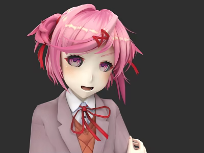 Anime Style 3D Character With Pink Pigtails Red Bow Gray Coat And Purple Eyes 3d model