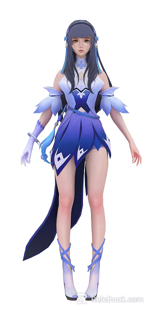 Game Movie Character In Blue Purple Dress With Flowing Skirt And Feather Details 3d model 