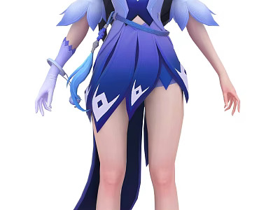 Game Movie Character In Blue Purple Dress With Flowing Skirt And Feather Details 3d model