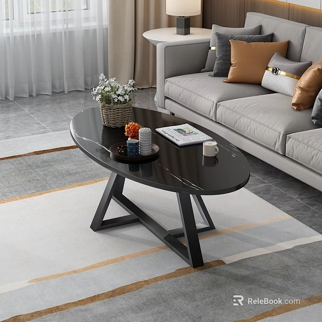 Gray Sofa and Coffee Table Set Featuring Orange Pillows Decor Items on Black Oval Table 3d model