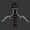Mechanical Biopunk Creature With Black Green Helmet And Metallic Tentacle Structures