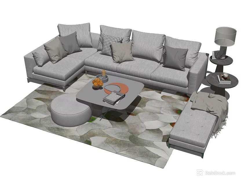Modern Gray Sofa And Coffee Table Combination With Cushions Ottoman Geometric Rug And Floor Lamp 3d model 