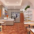 Bright Restaurant Interior With Wooden Tables Chairs Large Windows Orange Walls And Food