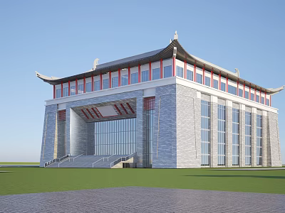 Traditional Chinese Architecture Structure With Grey Brick Red Curved Eaves Glass Windows Steps And Lawn 3d model