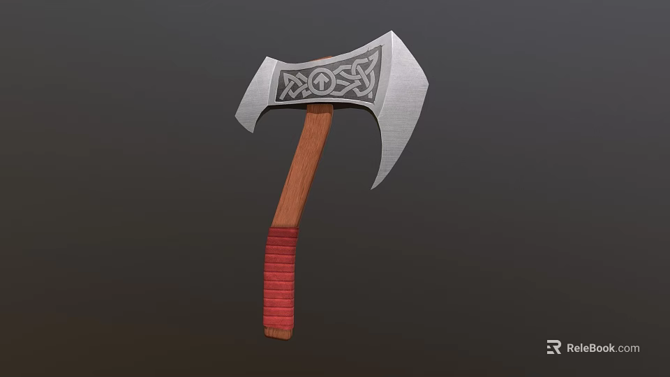 Traditional Ornate Axe With Silver Head Decorative Patterns Wooden Handle And Red Grip 3d model 