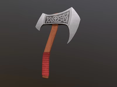 Traditional Ornate Axe With Silver Head Decorative Patterns Wooden Handle And Red Grip 3d model