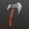 Traditional Ornate Axe With Silver Head Decorative Patterns Wooden Handle And Red Grip