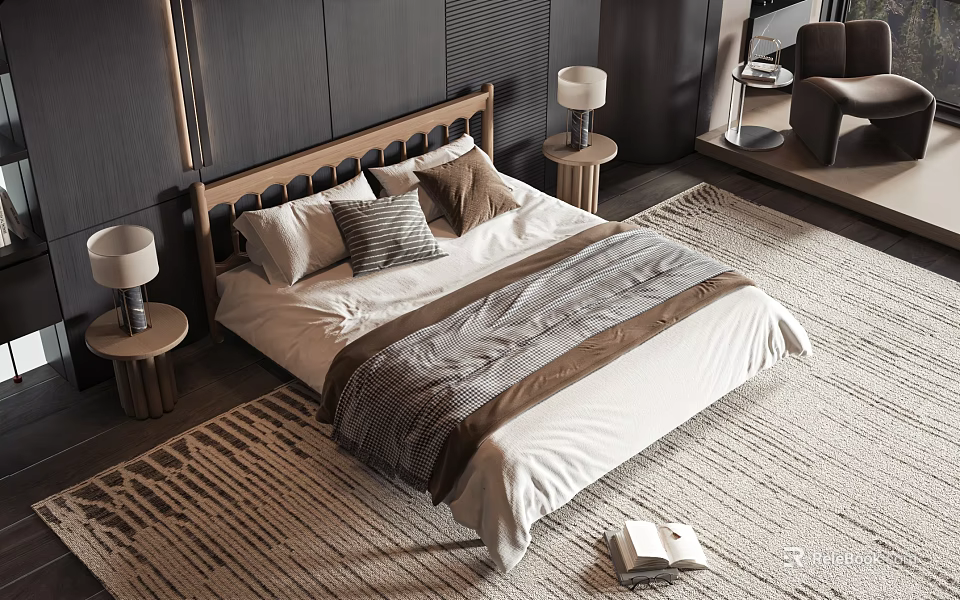 Modern Minimalist Double Bed Interior With Wooden Headboard Pillows Nightstands And Table Lamps 3d model 