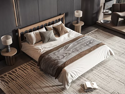 Modern Minimalist Double Bed Interior With Wooden Headboard Pillows Nightstands And Table Lamps 3d model