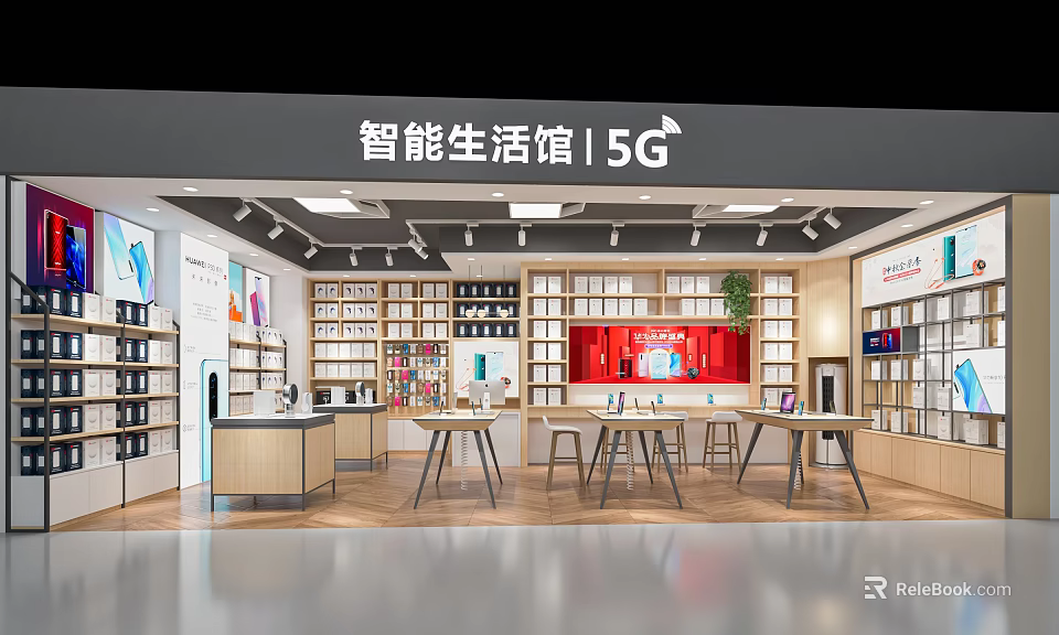 Smart Living Digital Store With 5G Technology Product Display Areas Shelves Tables And Digital Devices 3d model 