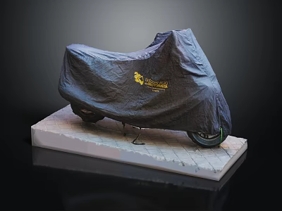 Motorcycle Covered With Black Cover Featuring Yellow Logo On White Platform 3d model