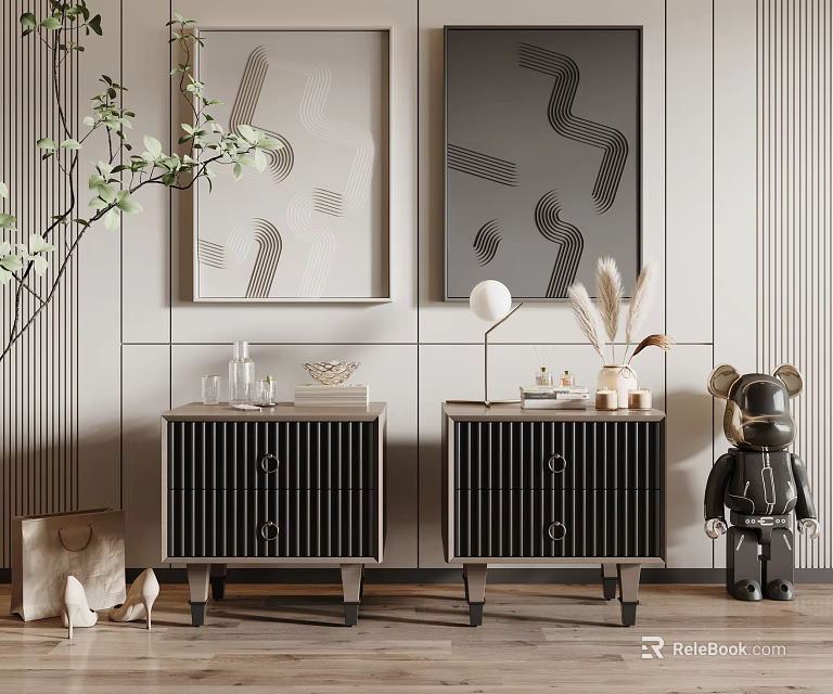 Modern Bedside Tables Interior Design With Table Lamp Decorative Items And Wall Art 3d model