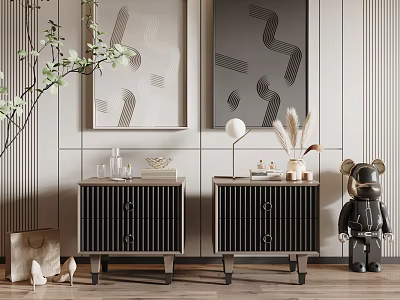 Modern Bedside Tables Interior Design With Table Lamp Decorative Items And Wall Art 3d model