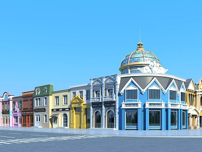 Vibrant Commercial Complex Featuring Golden Dome And Multicolored Streetfront Buildings 3d model