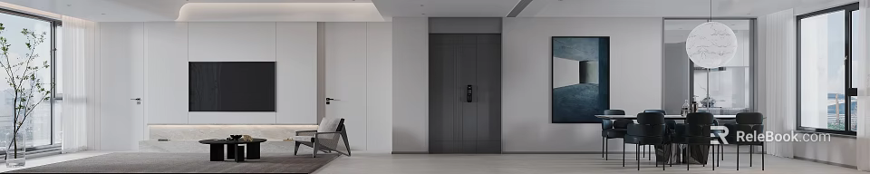 Modern Living Dining Room Interior With Open Layout Sofa And Minimalist Design Elements 3d model