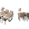 Wooden Dining Table Set With Matching Chairs And Tabletop Decor Including Vases And Fruits