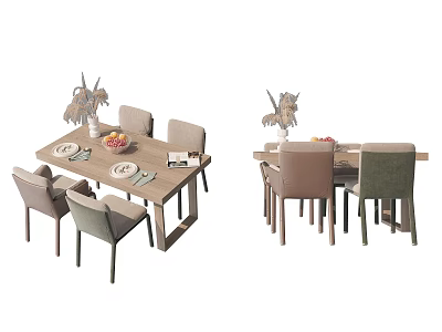 Wooden Dining Table Set With Matching Chairs And Tabletop Decor Including Vases And Fruits 3d model