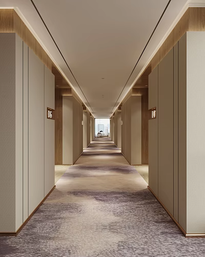 Elegant Modern Hotel Corridor Interior Design With Wall Sconces Carpet Floor And Warm Lighting 3d model