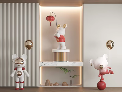 Three Dolls In Red Outfits With Lantern Golden Decor And Red Ball On Marble Shelf 3d model