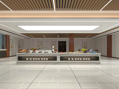 Modern Buffet Restaurant Interior Design With Long Buffet Table And Wooden Ceiling Lighting 3d model