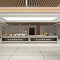 Modern Buffet Restaurant Interior Design With Long Buffet Table And Wooden Ceiling Lighting