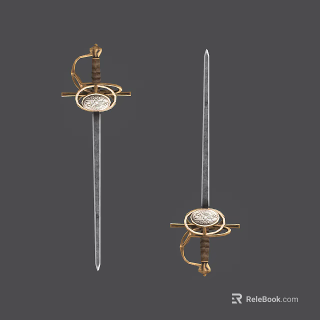 Vintage Decorative Sword With Golden Hilt Circular Emblem And Sharp Blade 3d model 