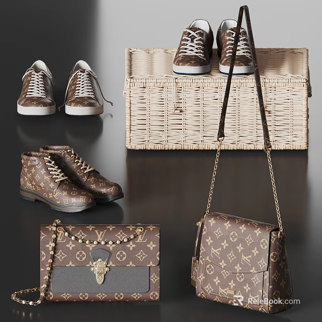 Stylish Monogram Bags With Wicker Basket And Shoes 3d model 
