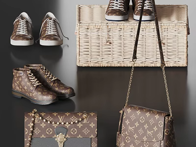Stylish Monogram Bags With Wicker Basket And Shoes 3d model