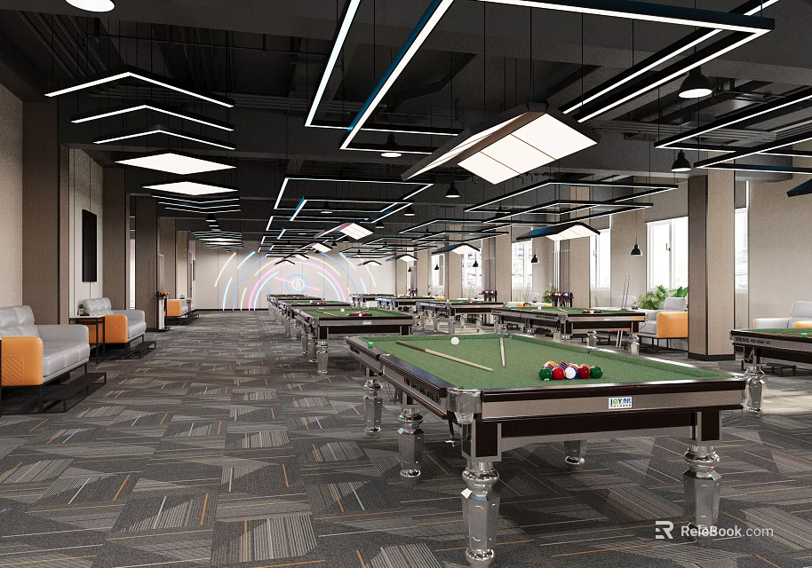 Modern Billiard Hall Interior With Pool Tables Lighting And Sofas 3d model
