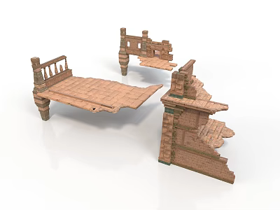 Vintage Wooden Furniture Pieces With Carved Railings And Bed Frame Parts 3d model