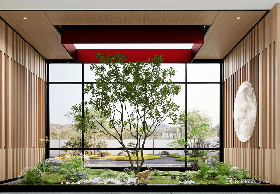 Serene Indoor Interior Landscape With Wooden Walls Large Glass Windows Indoor Tree And Green Plants 3d model 
