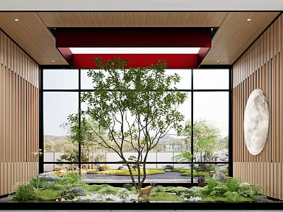 Serene Indoor Interior Landscape With Wooden Walls Large Glass Windows Indoor Tree And Green Plants 3d model