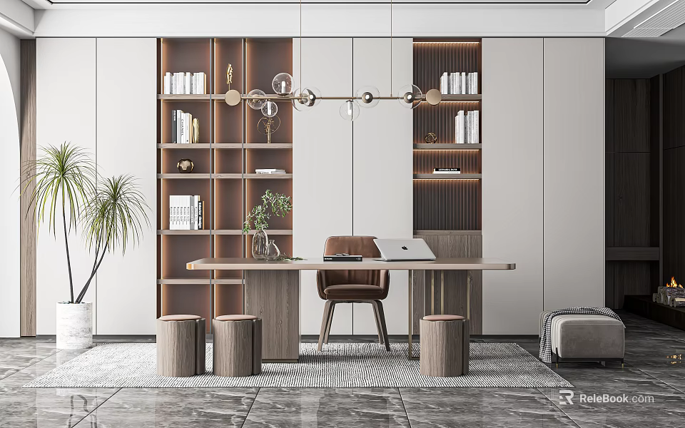 Modern Home Office Interior Design With Wooden Desk Leather Chair Open Bookshelves And Hanging Lights 3d model 