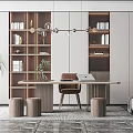 Modern Home Office Interior Design With Wooden Desk Leather Chair Open Bookshelves And Hanging Lights