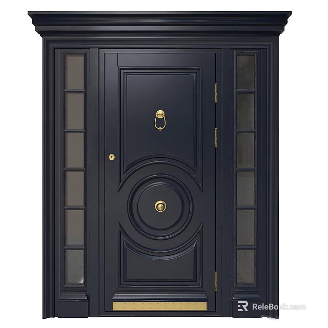 Black Front Door With Circular Design Brass Hardware And Glass Side Panels 3d model 