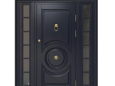 Black Front Door With Circular Design Brass Hardware And Glass Side Panels 3d model