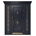 Black Front Door With Circular Design Brass Hardware And Glass Side Panels