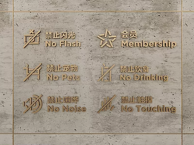 Light Gray Concrete Textured Wall With Golden Bilingual Instruction Signs 3d model