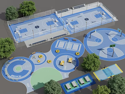 Outdoor Fitness Sports Area With Multiple Basketball Courts And Green Trees 3d model