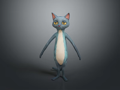 Blue Cartoon Cat Character With Yellow Eyes And White Belly Standing Pose 3d model