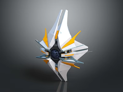 Abstract Futuristic Mechanical Device 3D Model With White Yellow Blue Radial Blades And Central Core 3d model