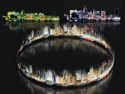 Scenic Urban Night Landscape With Illuminated Skyscrapers Circular Lights And Water Reflections 3d model