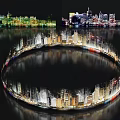 Scenic Urban Night Landscape With Illuminated Skyscrapers Circular Lights And Water Reflections