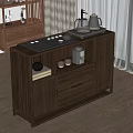New Chinese Style Walnut Wood Sideboard Cabinet With Grille Doors Drawers And Tea Set
